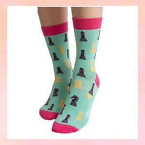 Happy Socks Teal Chess Piece Crew Socks | Pink & Yellow Accents | Size W 5.5-9.5